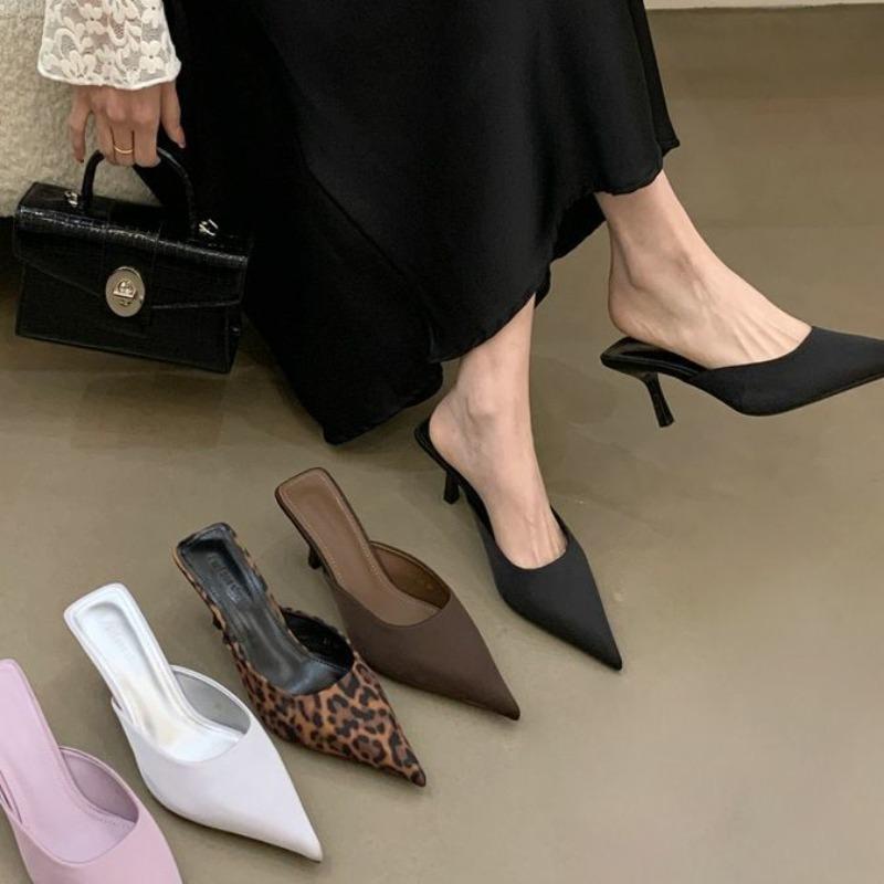 2025 Новые женские тапочки с острым носком и леопардовым принтом на тонком каблуке, роскошные туфли-лодочки на высоком каблуке, женские мюли