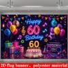 60th Birthday Party Banner Backdrop Neon Style Polyester Photo Wall Decor