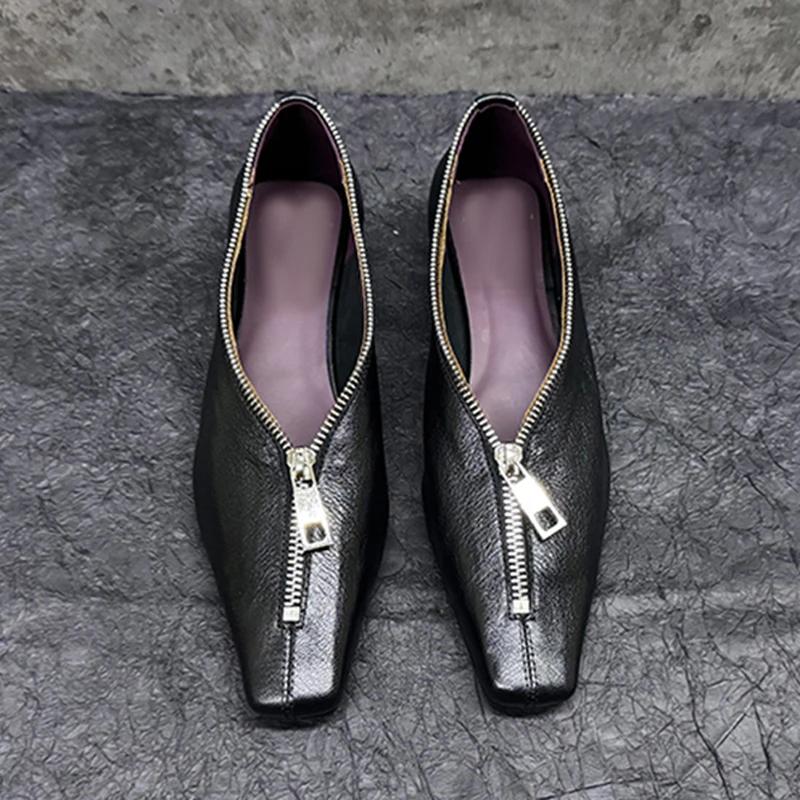 Модные туфли на высоком каблуке для женщин, новые высококачественные туфли из кожи с квадратным носком и молнией на низком каблуке, повседневная трендовая женская обувь