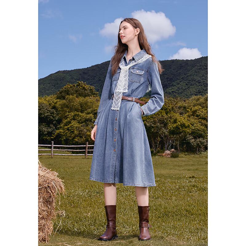 BETU Women's French Hepburn Style Denim Midi Dress