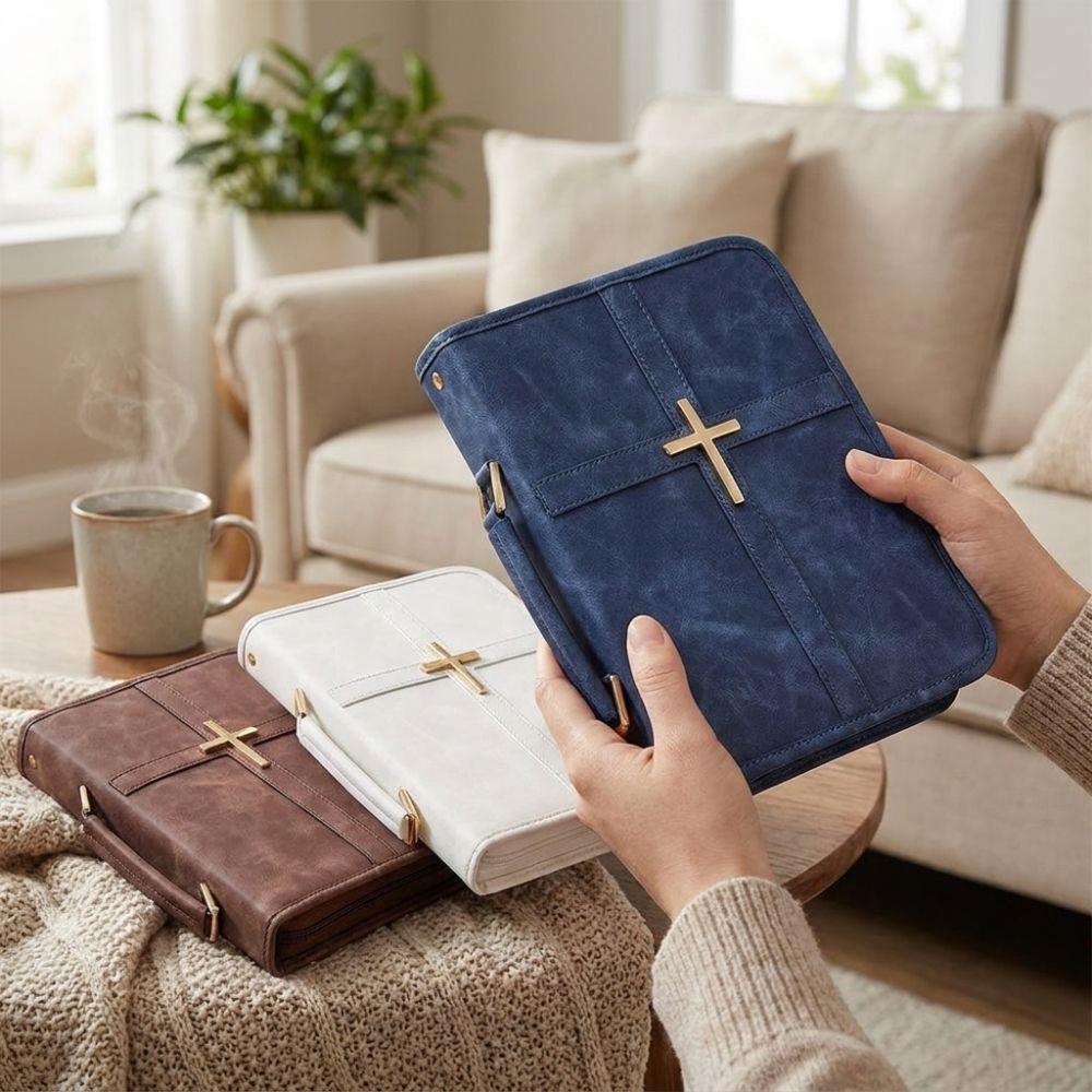 with Phone Pocket PU Leather Bible Bag Cross-themed Bible Carrying Case Travel