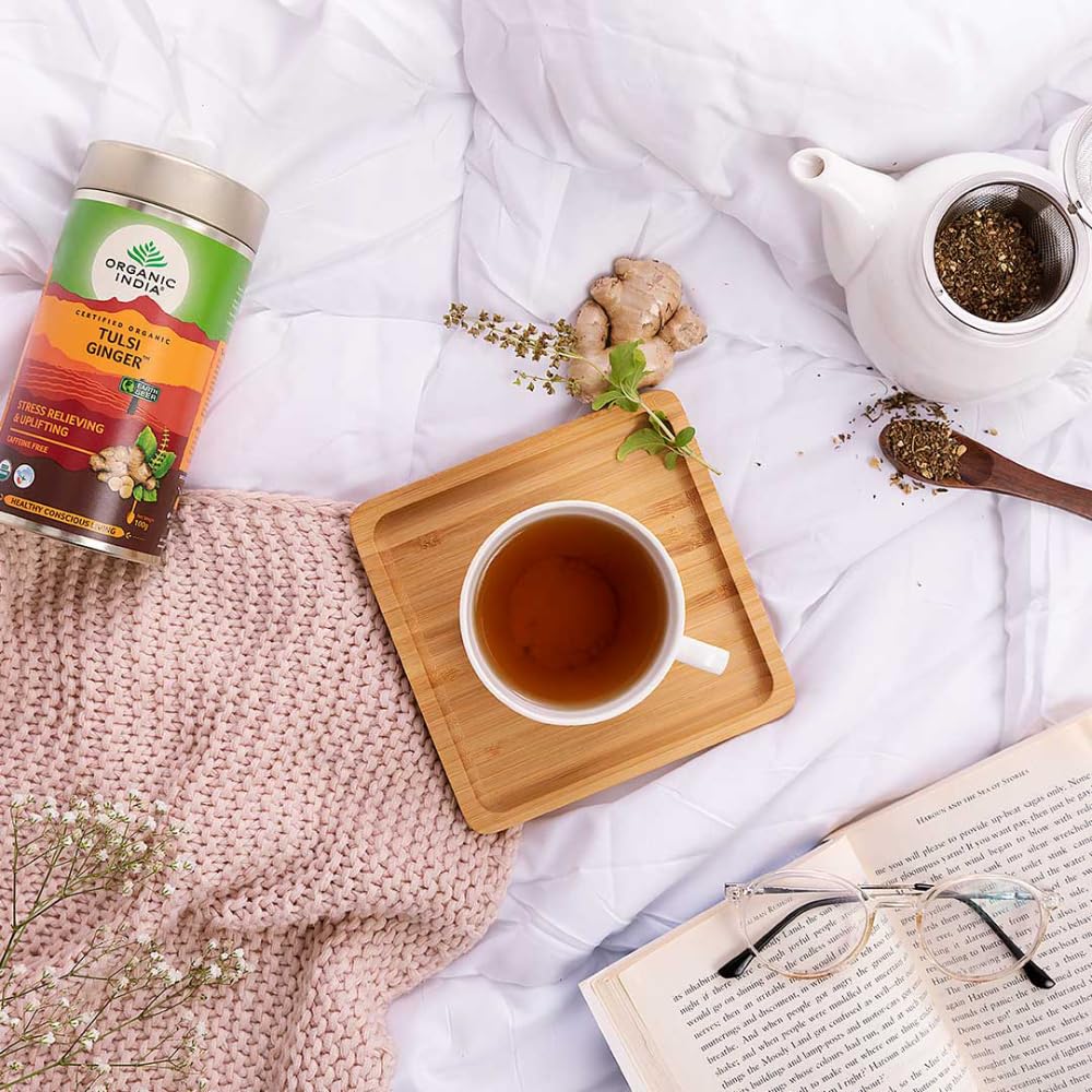 Чай ТАТА Organic India Тулси Имбирь 100г Упаковка | Антиоксидантный травяной чай | Снятие стресса и поддержка пищеварения | Без кофеина цельные травы