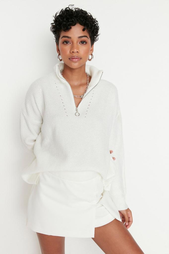 Женский свитер в элегантном стиле, зеленый мягкий текстурированный трикотаж на молнии, свитер