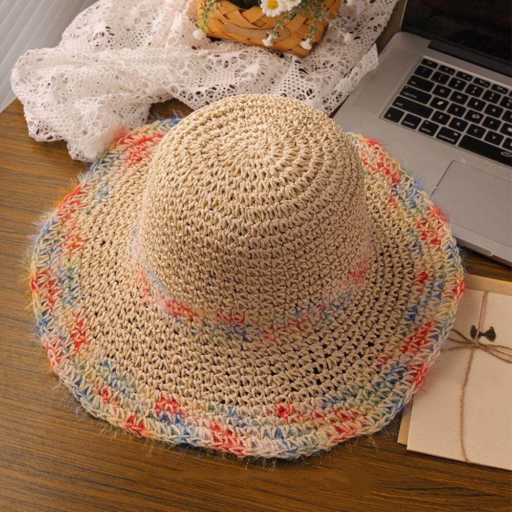 Foldable Wide Brim Straw Hat Colorful Women's Sun Visor Hats Casual Weave Bucket Hat Holiday