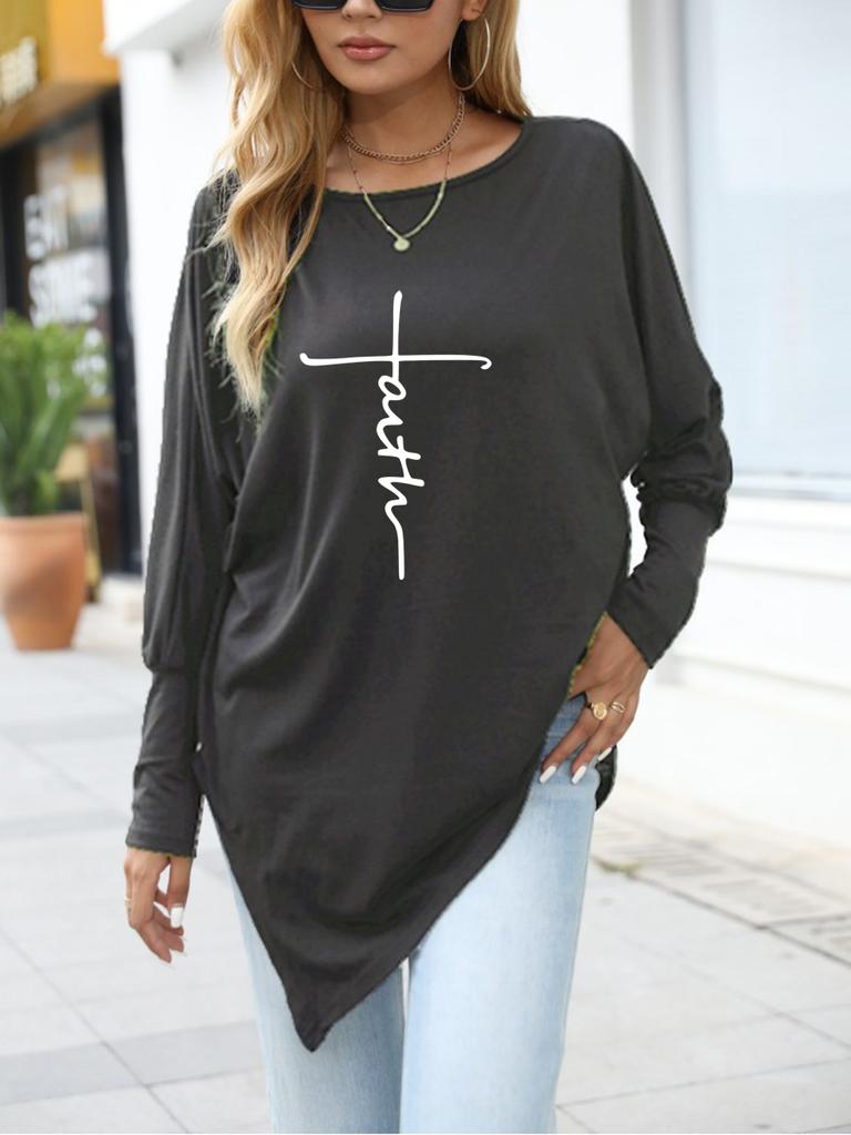 Women's Oversize Long-Sleeve Spring/Fall Asymmetrical Hem T-Shirt