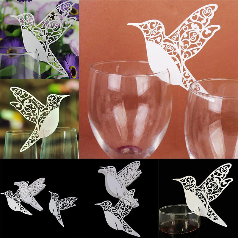 Птица Свадебные карточки с именами для бокалов вина лазерная резка на перламутровой карточке