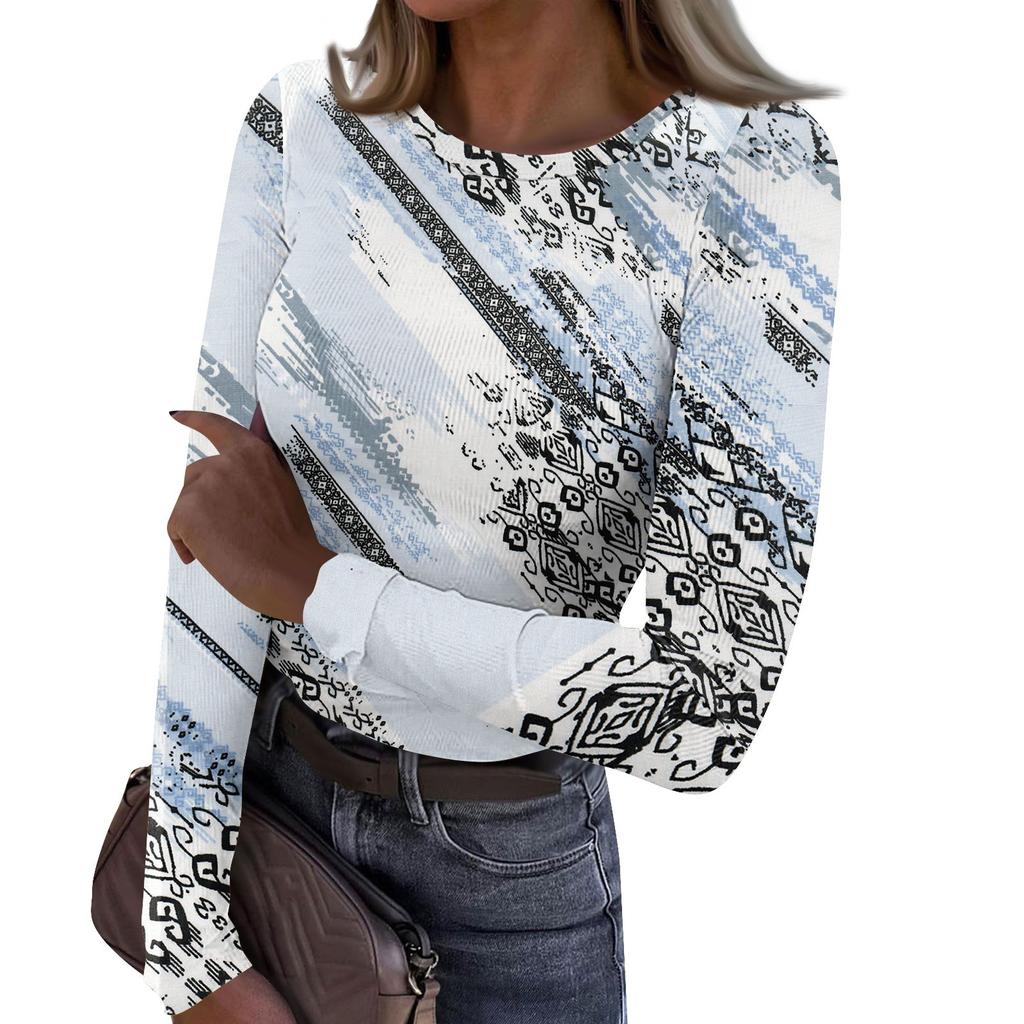 Женская и зимняя футболка с тонким низом, модная повседневная футболка с круглым вырезом и принтом, длинный рукав