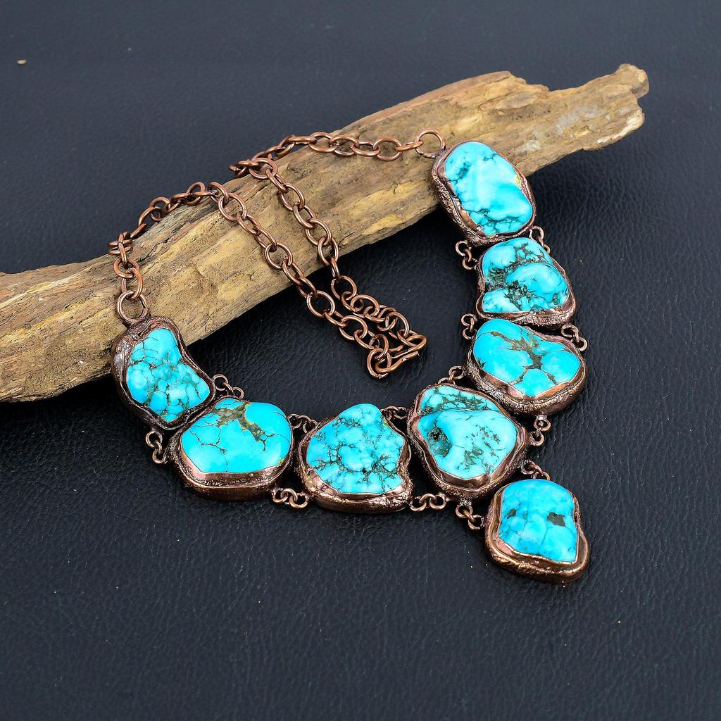 Turquoise Tumble Copper Electroformed Necklace with Adjustable Chain, Handmade Gemstone Jewelry Necklace For Memorial Day