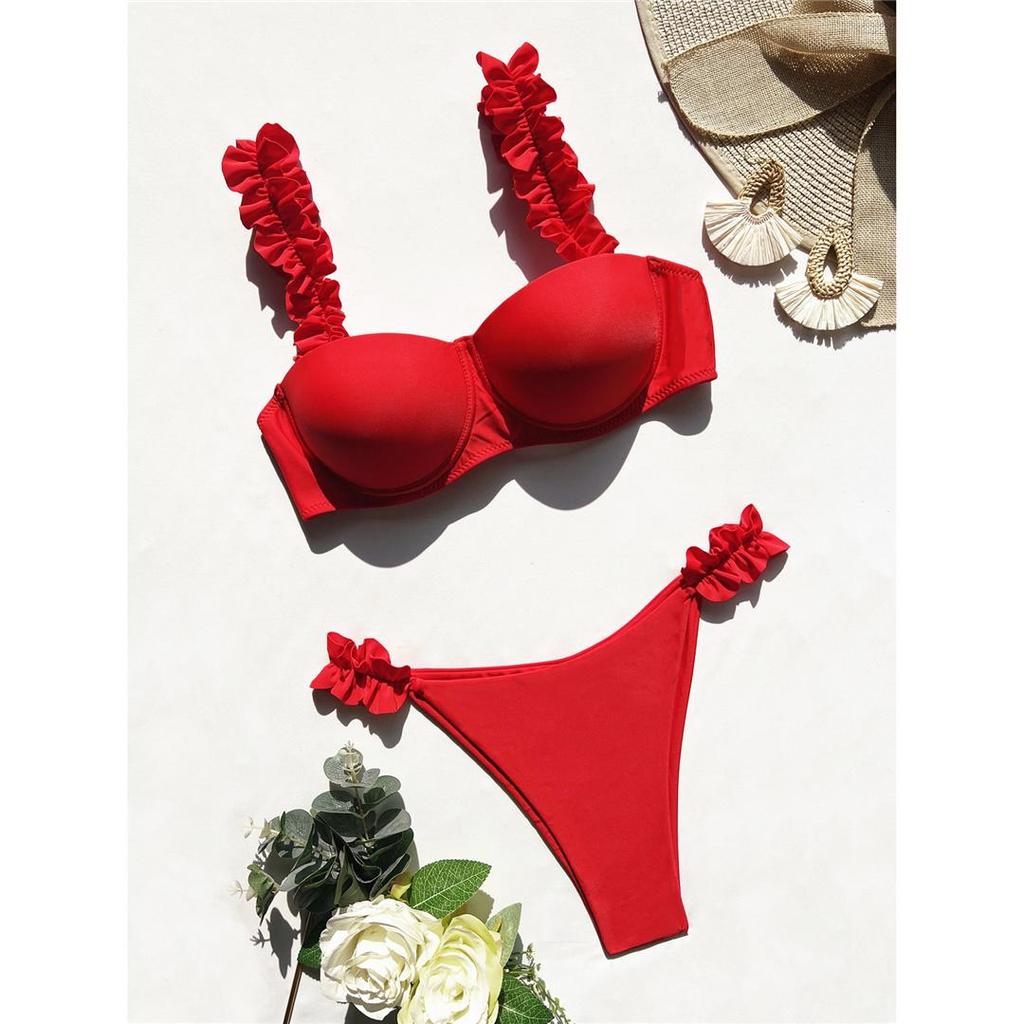 Новый купальник бикини с рюшами и пуш-ап, женский купальник, женский комплект бикини из двух частей с чашкой бюстгальтера, купальный костюм, купальный костюм для леди