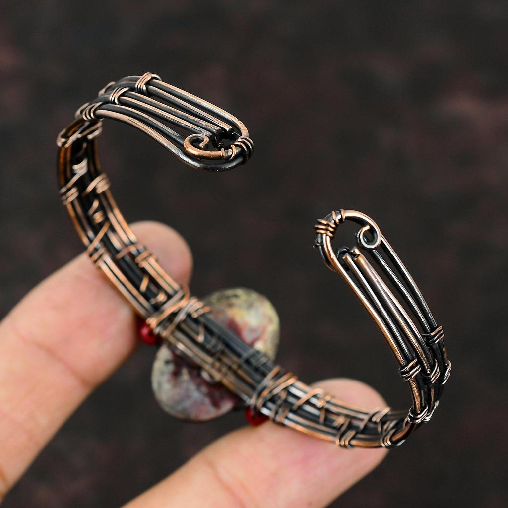 Браслет из мексиканской лагуны с кружевным агатом и медью, красные коралловые бусины, манжета, обмотанная медной проволокой, регулируемый браслет, обмотанный проволокой, браслет ручной работы