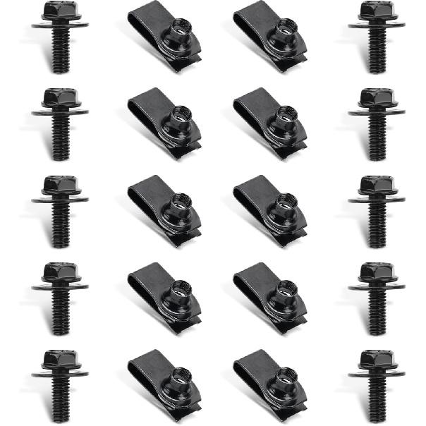 20 Sets M6-1.0 Extruded U Nuts & Body Bolts Kits, Automotive Bumper Fender Liner U-Nut Clips, Universal for Engine Cover, Engine Splash Shield,