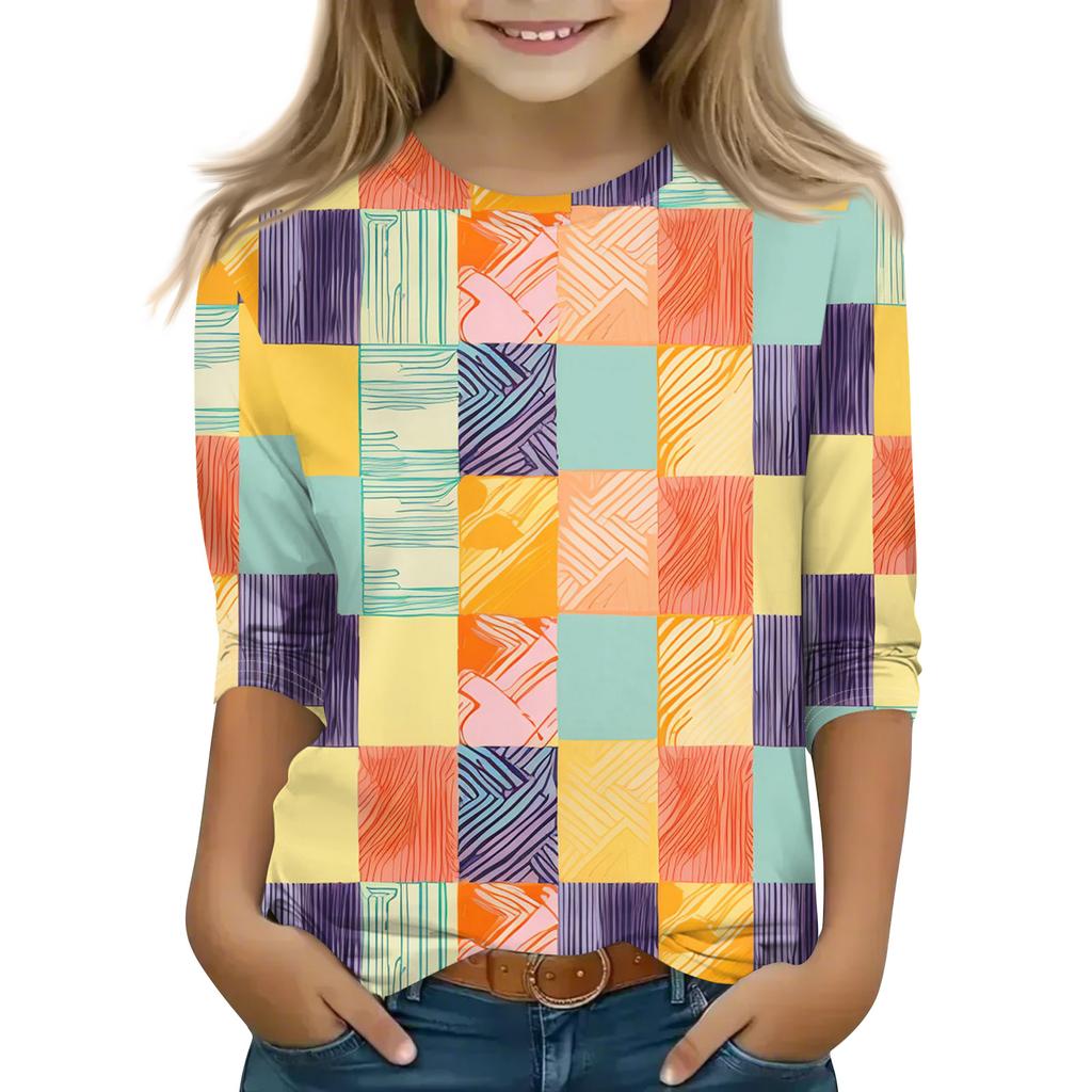 Топы с принтом для девочек 5-16 лет с круглым вырезом и рукавами 3/4 Футболки Модные топы Наряды Футболки