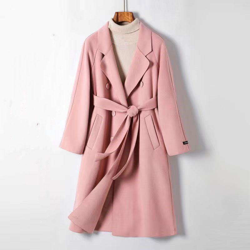 Теплое и модное однотонное шерстяное пальто для женщин с поясом на осень и зиму