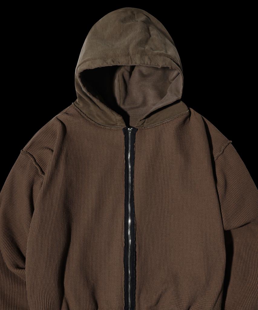 Rar Riri Zipper) Thermal Insulated Sunfade Effect Vintage Hooded Zip-Up_Brown