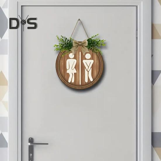 Деревянный гендерный тег туалетная прачечная знак с бантом деревенский подвесной знак с искусственными зелеными листьями для ванной комнаты прачечная декор