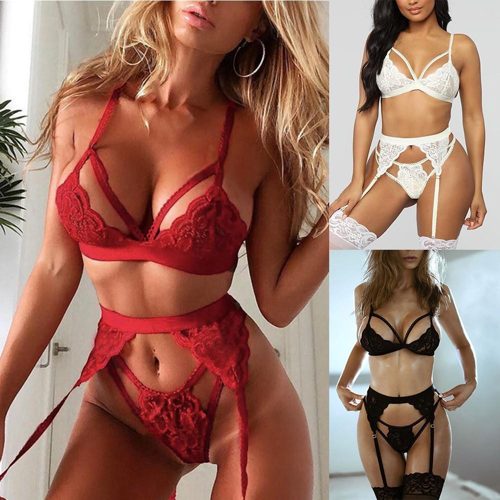 Women's Sexy Underwear Set with Lacy Bra Garter Belt and Thong Panties