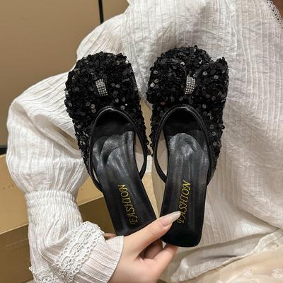 Тапочки-полушапки с бантом на голове, женская летняя одежда, новые повседневные модные тапочки с блестками