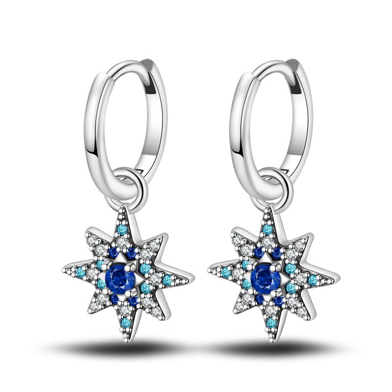 Fashion 925 Silver Color Earrings Blue Zircon Stars Moon Irregularity Earrings For Woman Fine Birthday Jewelry Gifts