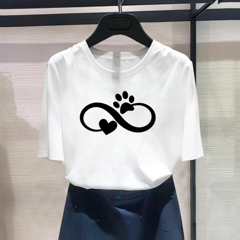 (Asian Size) Fashion Print Female Paw Love Cat Pet Dog Love Casual Women's Top Casual T Clothing Graphic Tee Short Sleeve T-shirt