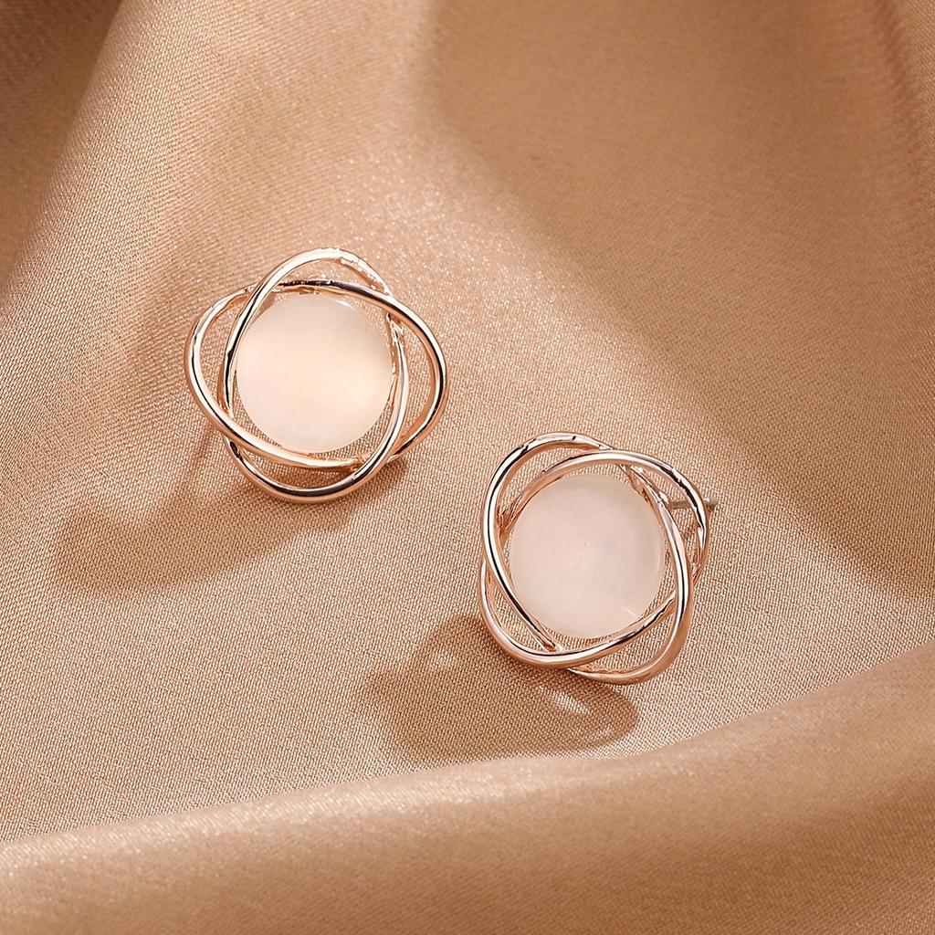 Women's Fashionable Simple Geometric Double Oval Rotating Necklace and Earrings Jewelry Set with Round Cat's Eye Stone Pendant and Stud Earrings