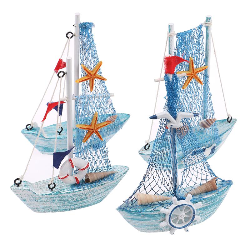 1PCS Mediterranean Style Marine Nautical Wooden Blue Sailing Boat Ship Wood Crafts Ornaments Party Home Decoration