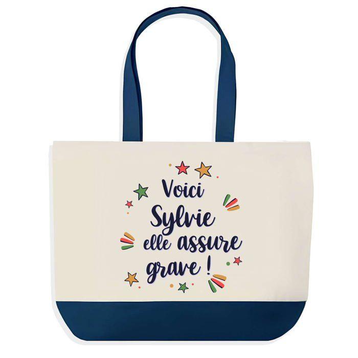 Sac cabas - PLANETEE - Sylvie elle assure grave - Fond bleu - Coton 40x45 cm - Fabriqué en France