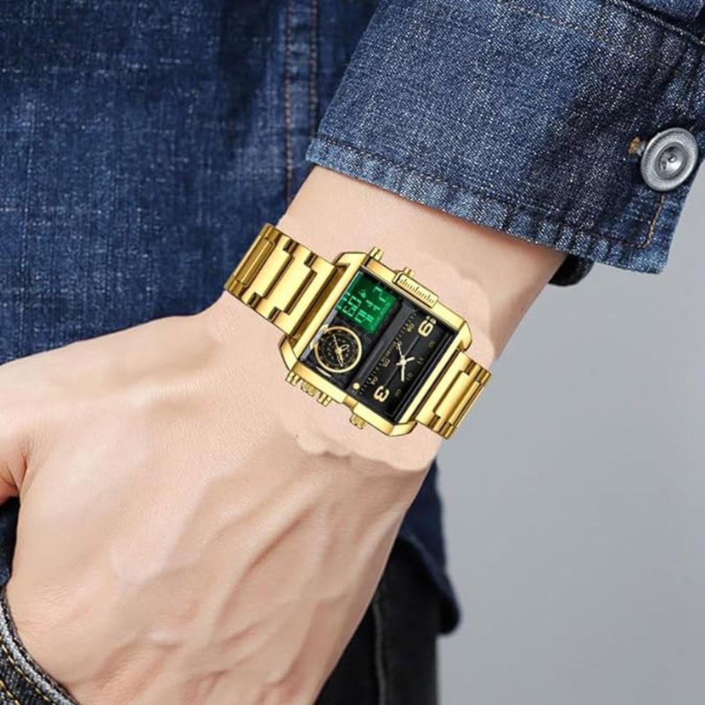 BINBOND Модные квадратные наручные часы с большим циферблатом, кварцевые часы с тремя дисплеями для мужчин, многофункциональные спортивные часы, мужские наручные часы