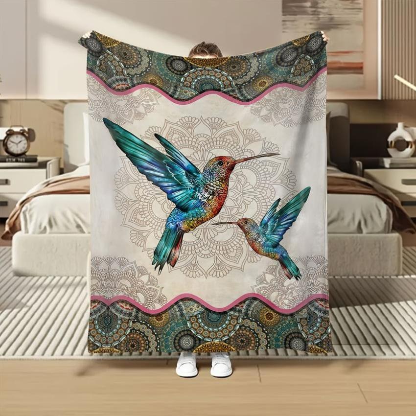 Bohemian hummingbird pattern Flannel printed blanket suitable for all seasons suitable for living room office sofa and travel
