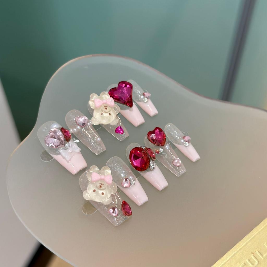 Women Press‑On Nails Pure‑Handmade Summer Sweet Bear Pink French Love Rhinestone Removable False Nail Patches