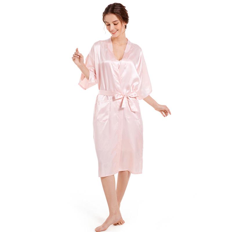 Женская одежда для отдыха весна-осень однотонный блестящий халат средней длины атласное кимоно