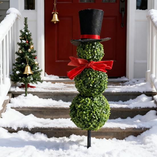 Yousheng Christmas Snowman Topiary Artificial Snowman Shaped Topiary Tree with Bow And Hat Outdoor Boxwood Topiary with Stake for Home Porch Decor