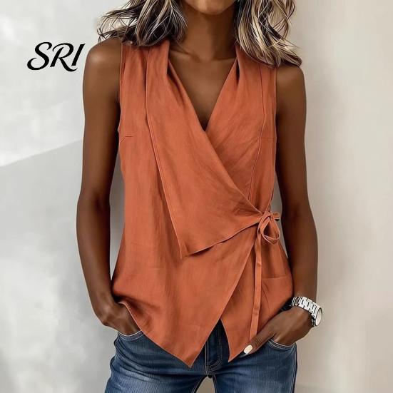 Women Tops Vest Lapel V-Neck Sleeveless Shirt Side Bandage Skin-friendly Regular Fit Casual for Work Parties Dates Vacation Breathable