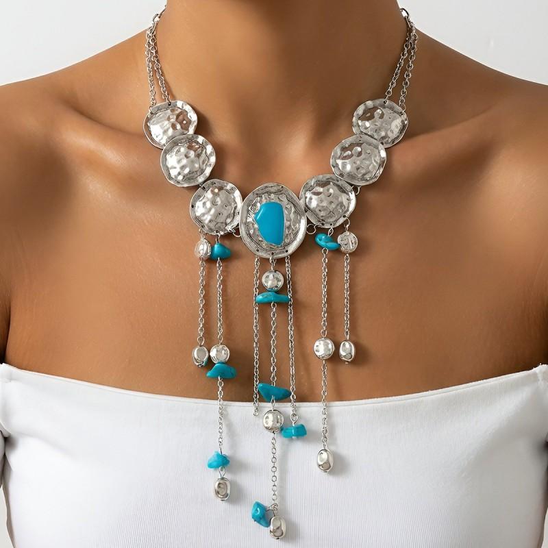 Boho Tassel Pendant Necklace Women Zinc Alloy Geometric Statement Chain Daily Wear Fashion Locket Collarbone Jewelry