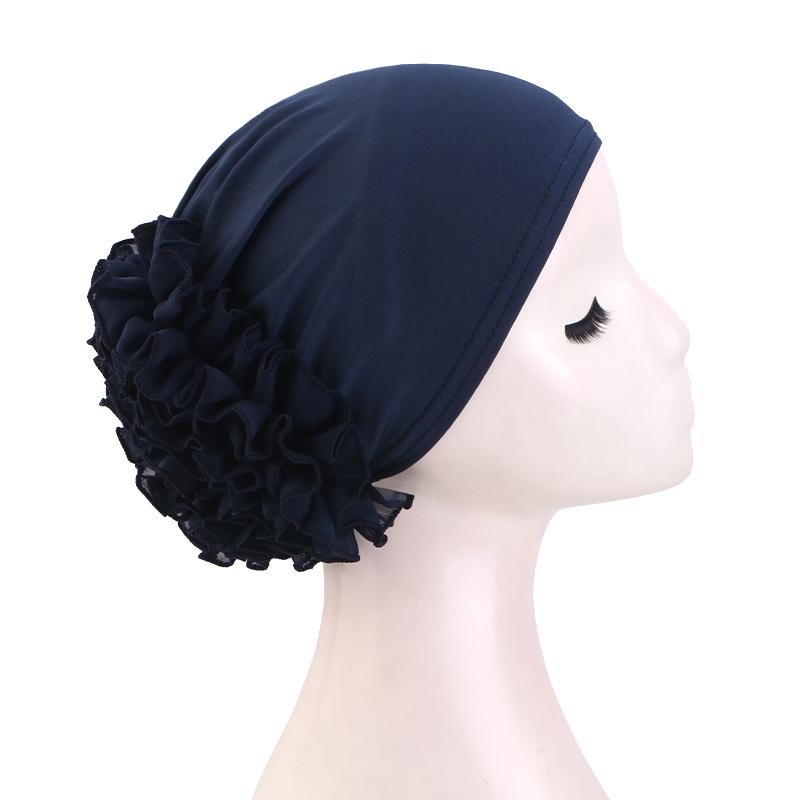 Women's Breathable Elastic Chiffon Hat with Large Flowers Solid Color Thin Bottom Cap Islamic Head Wrap African Bandana Head