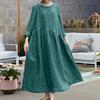 Women's Cotton Linen Maxi Dress Long Sleeve Button Up Crewneck Long Dress with Pockets Plus Size Casual Flowy Beach Sundress