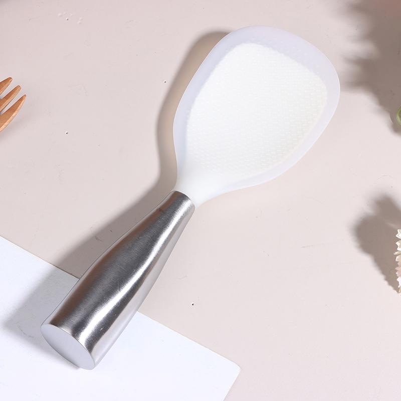 1Pc Silicone Spoon Non-Stick Cooking Spoon Stainless Steel Handle Anti-Scalding Pot Rice Spoon Durable Kitchen Gadgets