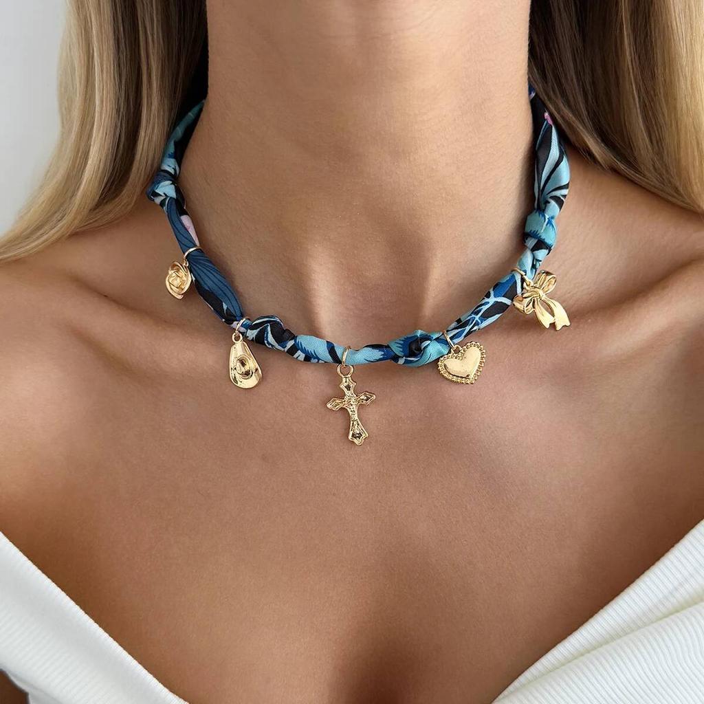 Salircon Unique Creative Blue/Green Scarf Ribbon Chokers Necklace Women Boho Sun Moon Heart Cross Pendant Necklace Jewelry 2026