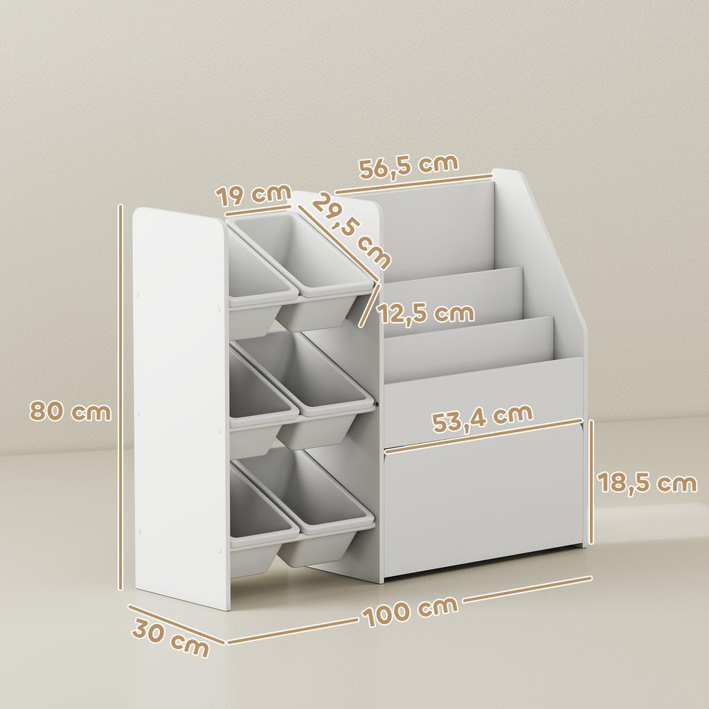 Toy Shelf, Children's Room Shelf with 6 Bins, Book Storage, Rolling Box, 100 x 30 x 80 cm, MDF, Steel, White