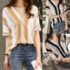 Women Summer Casual Striped V Neck Loose Half Sleeve Polyester T-shirt Blouse