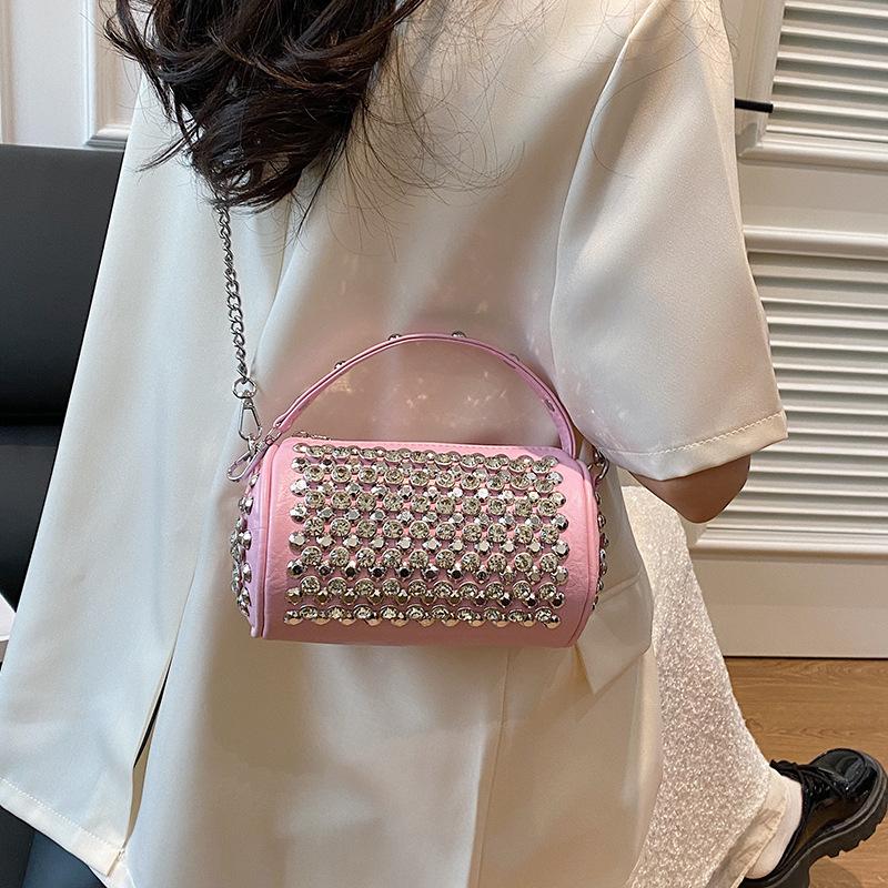 This Year's Popular Bag Ladies 2025 New Korean Version Fashion Rivet Personality Trend Hand-held Crossbody Cylinder Bag PU