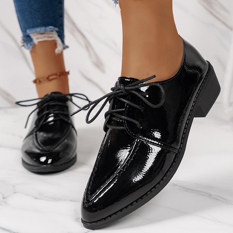 Black Patent Leather Shoes for Women Autumn Pointed Toe Lace Up Dress Shoes Woman Shallow Mouth Low Heels Loafers Plus Size