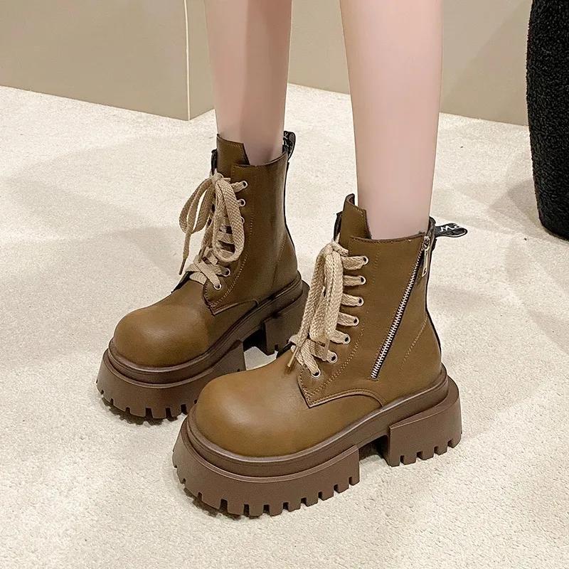 Модные женские ботильоны на толстой подошве 7 см, кожаные мотоциклетные ботинки на платформе, высокие каблуки, ботинки на танкетке, зимняя обувь в стиле панк, женские кроссовки