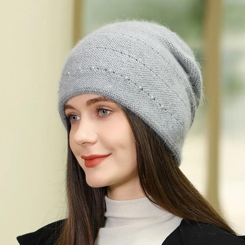 Модная новая жемчужная вязаная шапка для женщин, зимние теплые шапки, повседневная шапка, однотонная вязаная шапка