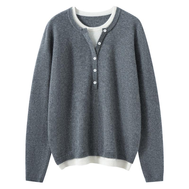 Stylish Women's Faux Two-Piece Cashmere Knit Sweater - Loose, Slimming, Versatile Pullover