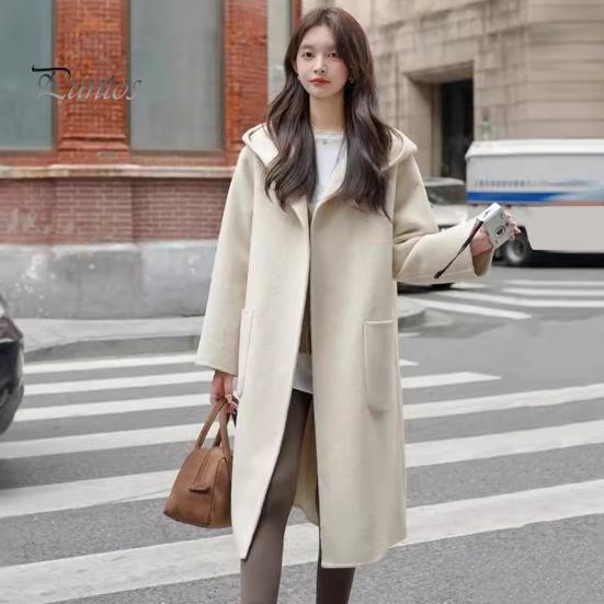 Women Winter Overcoat Hooded Pockets Pure Color Open Stitch Cardigan Mid Length Coat Thermal Long Sleeves Commuting Dating Winter Coat