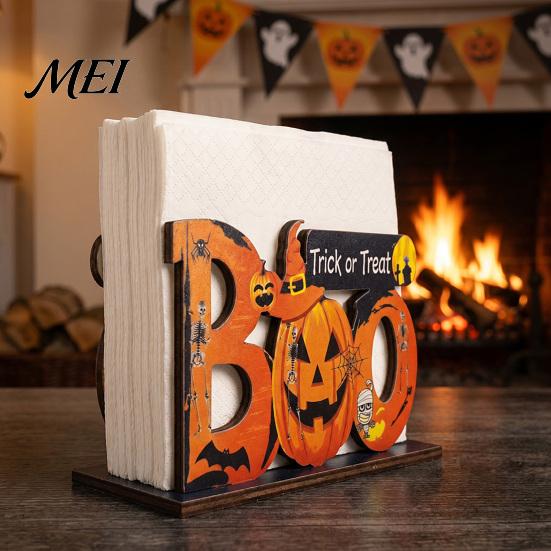 Festive Dining Table Ornament Halloween Wooden Napkin Holder, Ghost Pumpkin Decorative Tabletop Tissue Dispenser, Rustic Kitchen Counter Storage Paper