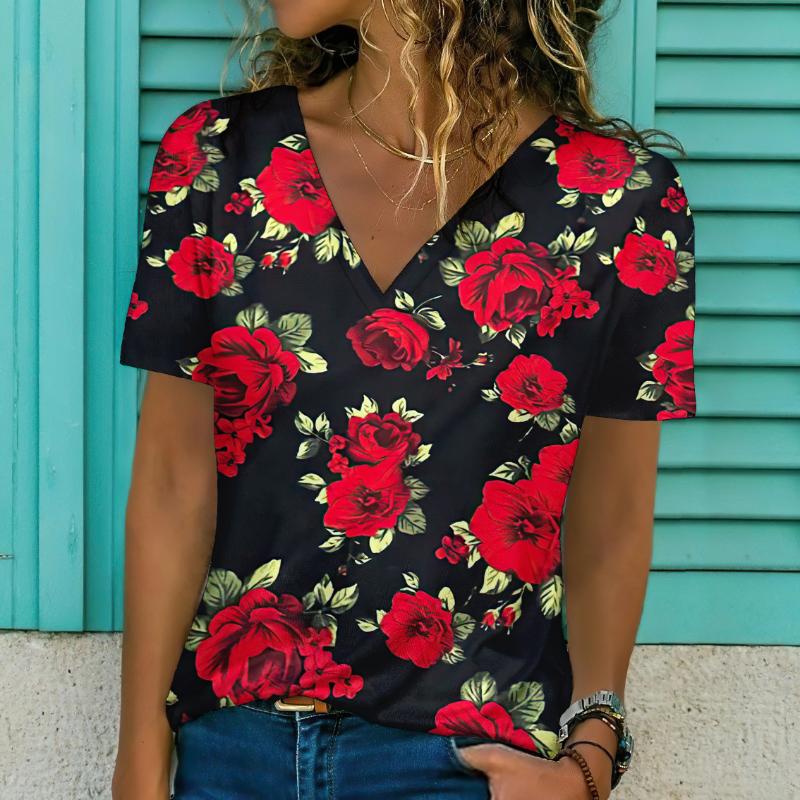 Новинка 2024 года, женская футболка с цветочным принтом, топ больших размеров, женская трендовая одежда, модная рубашка с коротким рукавом, большая блузка с v-образным вырезом