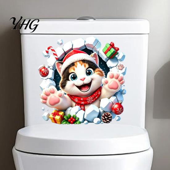 Christmas Theme Home Ornaments Cat Toilet Seat Decal, 3D Break Through Wall Cute Kitten Seasonal Bathroom Transformations Tank Sticker, Self-Adhesive