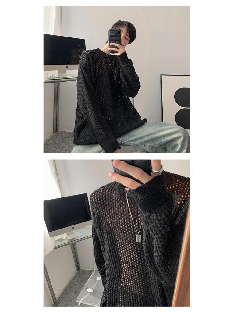 Men's Summer Thin Grid T-Shirt: Trendy Hong Kong Style, Hollow Knit, Long Sleeve, Round Neck Cover-Up