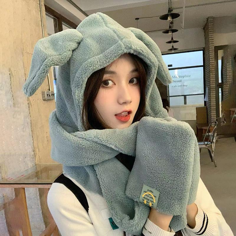 Autumn and Winter Hats for Women Cute Rabbit Ear Scarf Integrated Warm Plush Gloves Three Piece Set Korean Style Versatile Scarf